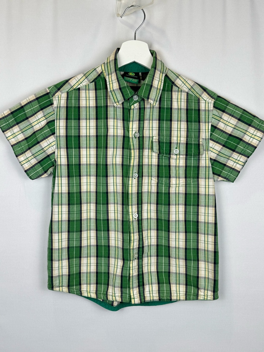 John Deere Boys' Green Plaid Short Sleeve Button Down Shirt Cotton Size 8 Summer